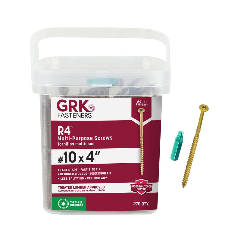 GRK Fasteners R4â„¢ #10 x 4 Inch, Multi-Purpose Framing Screws, 270 PCS, Rust Resistant Climatekâ„¢ Coating, Outdoor Fencing and Deck Screws, Fast Bite Tip, Star Drive Recess, T-25 Bit Included, Gold - Image 1